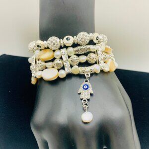 One-of-a-Kind Evil Eye Charm, Shell, Pearl Bead 3 Strand Stretch Bracelet Set